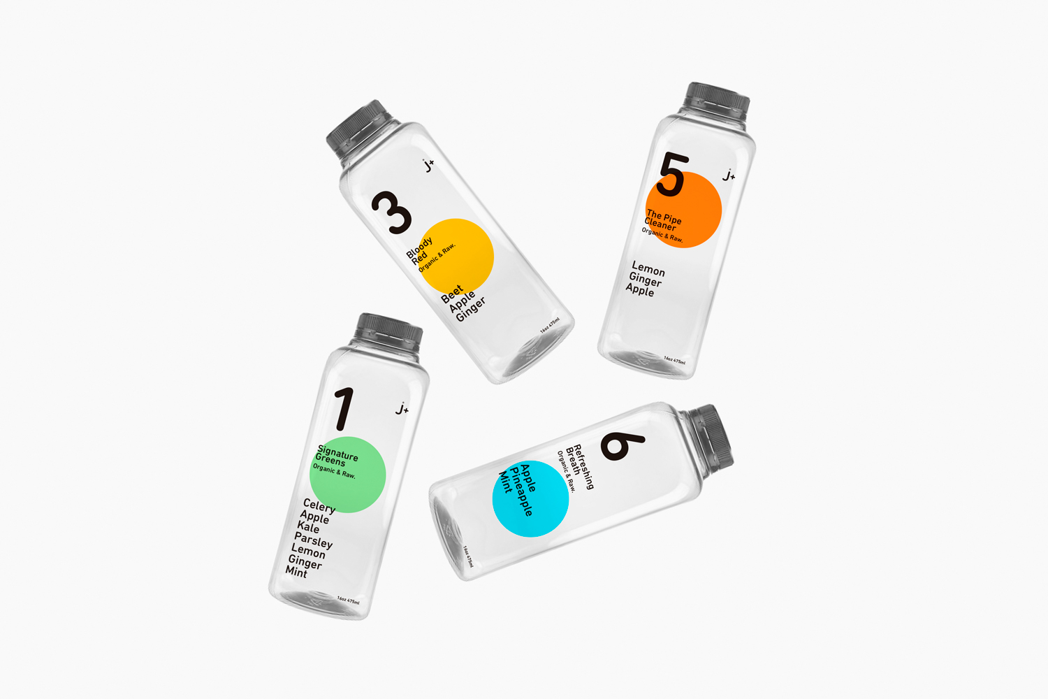 芹菜，蘋果，菠蘿，芹菜，甜菜，檸檬，紫甘藍，生姜，胡蘿卜，薄荷等有機鮮榨果汁飲料瓶型包裝設計。