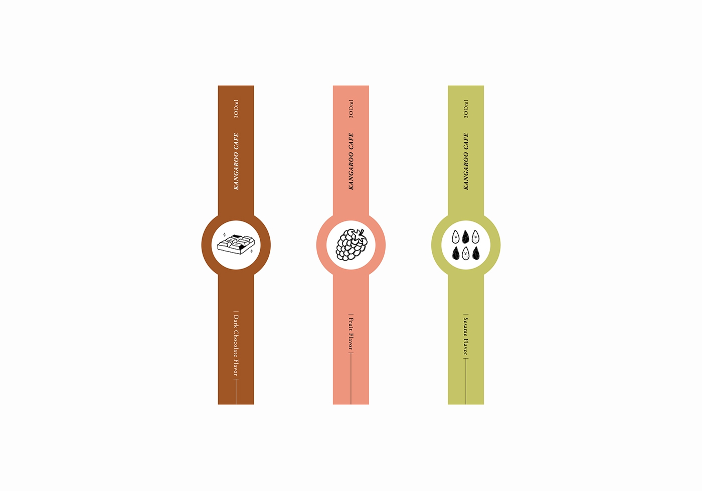 黑巧克力、水果風味、芝麻歐蕾三種不同的咖啡包裝設計